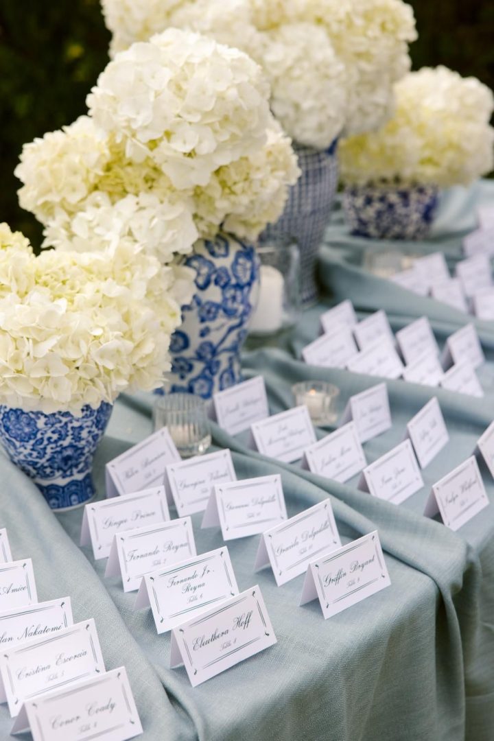 Elegant wedding table seat cards arranged neatly, guiding guests to their assigned tables.